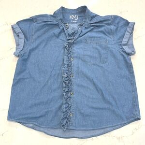 KMJ Kate McHale Jensen Blue Chambray Ruffle Front‎ Short Sleeve Shirt XL Pocket